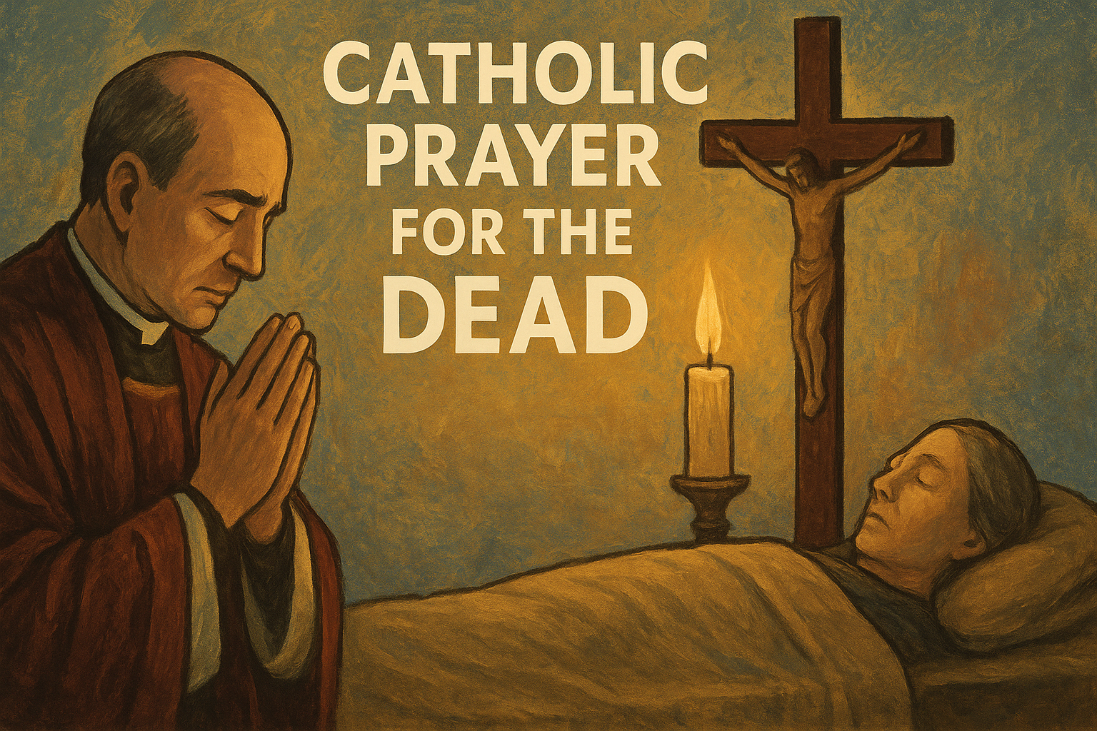 Cartoon illustration representing catholic prayer for the dead