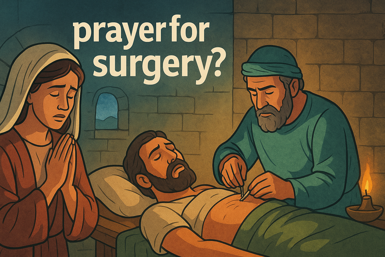 Cartoon illustration representing prayer for surgery